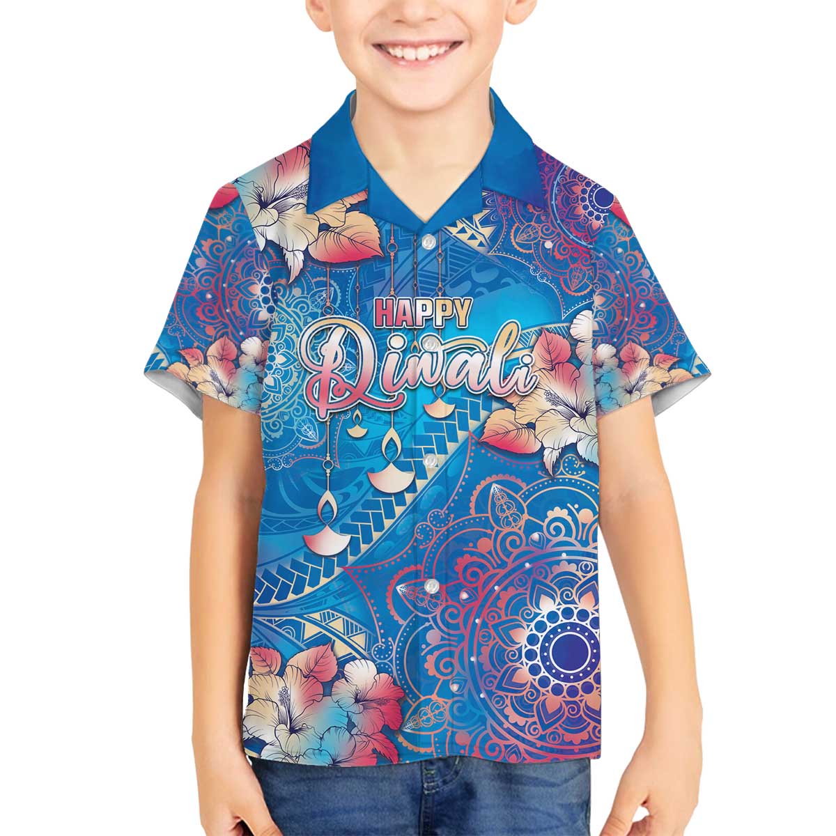 Happy Diwali Festival Family Matching Off Shoulder Short Dress and Hawaiian Shirt Diya Lamp Rangoli With Polynesian Pattern