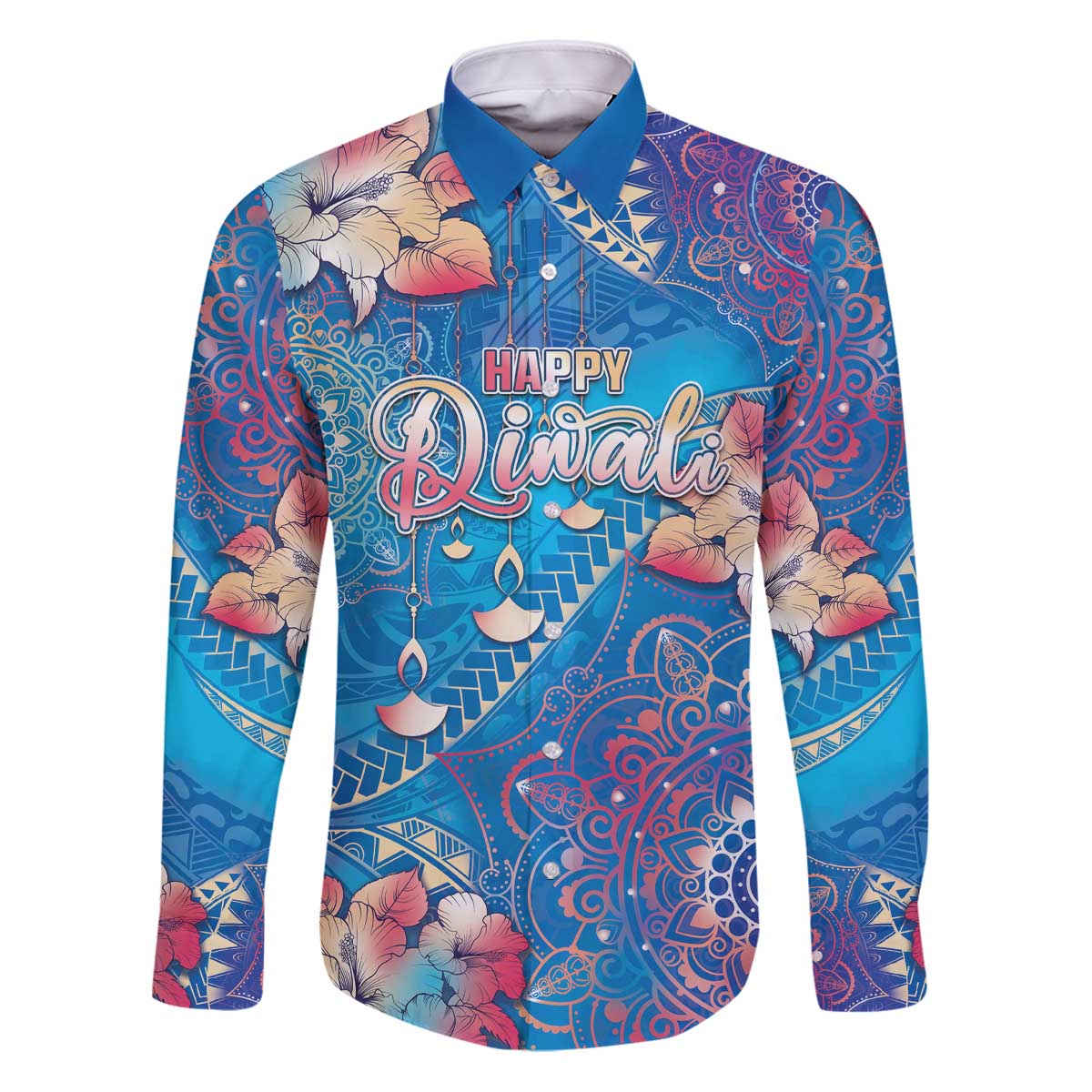 Happy Diwali Festival Family Matching Puletasi and Hawaiian Shirt Diya Lamp Rangoli With Polynesian Pattern