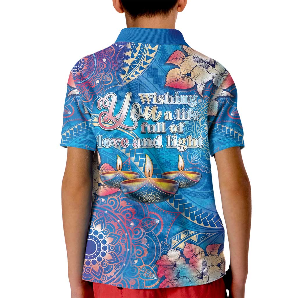 Happy Diwali Festival Kid Polo Shirt Diya Lamp Rangoli With Polynesian Pattern