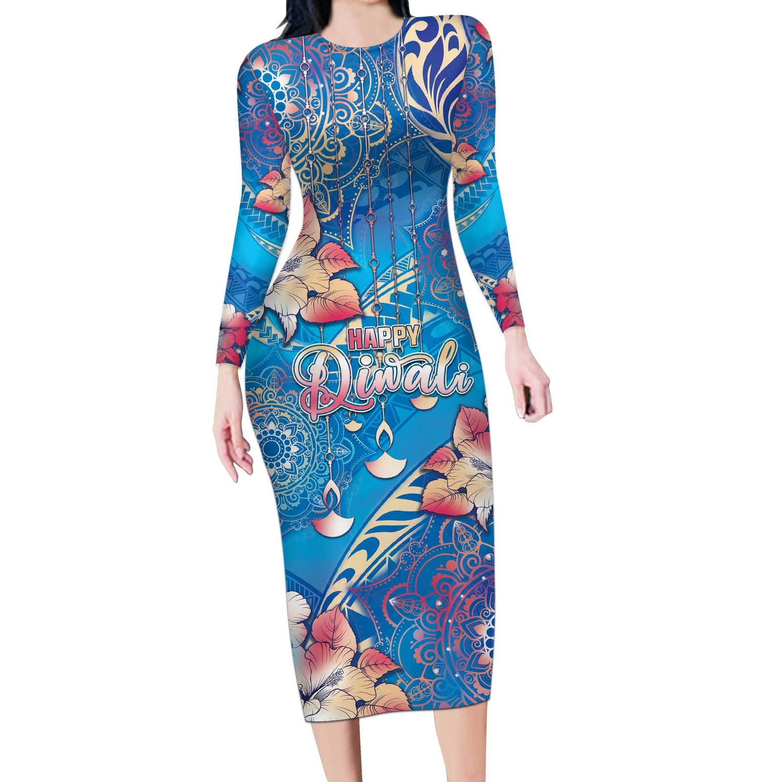 Happy Diwali Festival Long Sleeve Bodycon Dress Diya Lamp Rangoli With Polynesian Pattern LT05 Long Dress Blue - Polynesian Pride