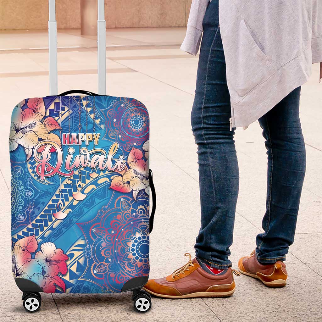 Happy Diwali Festival Luggage Cover Diya Lamp Rangoli With Polynesian Pattern LT05 Blue - Polynesian Pride