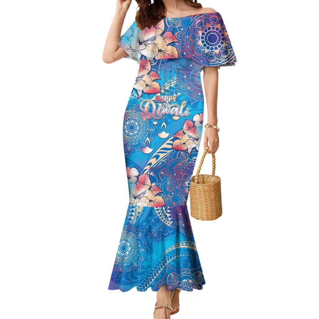Happy Diwali Festival Mermaid Dress Diya Lamp Rangoli With Polynesian Pattern LT05 Women Blue - Polynesian Pride