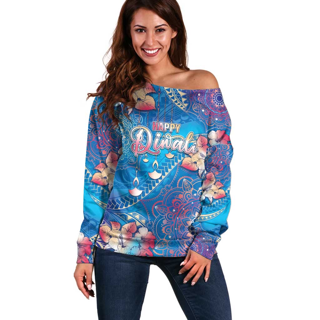 Happy Diwali Festival Off Shoulder Sweater Diya Lamp Rangoli With Polynesian Pattern LT05 Women Blue - Polynesian Pride