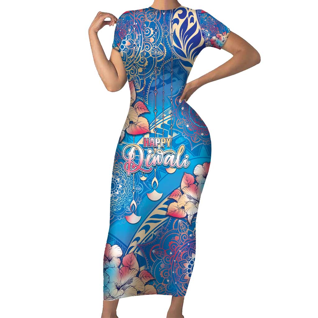 Happy Diwali Festival Short Sleeve Bodycon Dress Diya Lamp Rangoli With Polynesian Pattern LT05 Long Dress Blue - Polynesian Pride