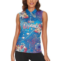 Happy Diwali Festival Women Sleeveless Polo Shirt Diya Lamp Rangoli With Polynesian Pattern
