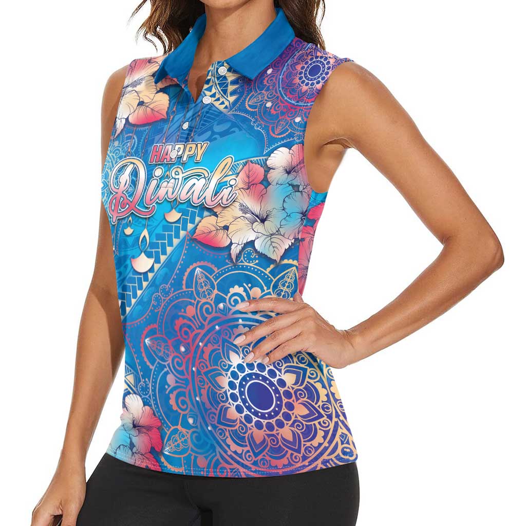 Happy Diwali Festival Women Sleeveless Polo Shirt Diya Lamp Rangoli With Polynesian Pattern