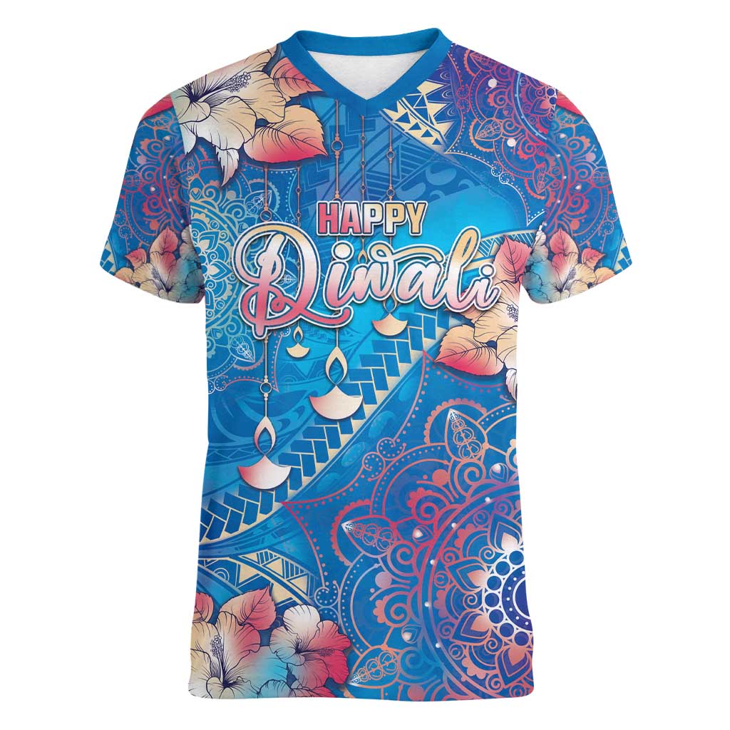 Happy Diwali Festival Women V-Neck T-Shirt Diya Lamp Rangoli With Polynesian Pattern