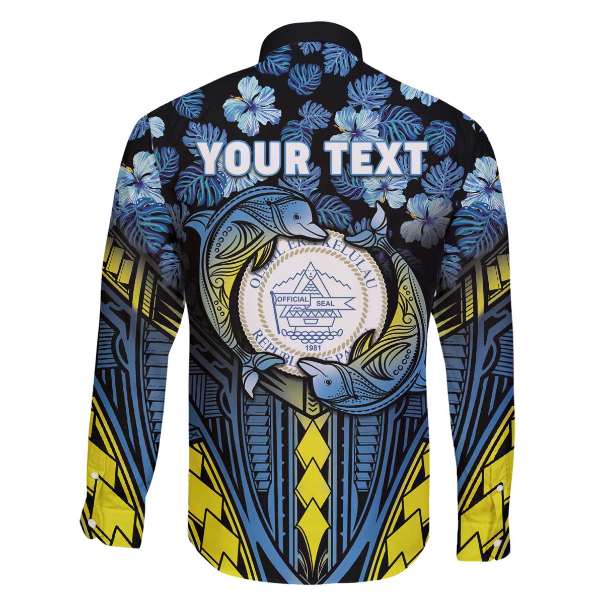 Personalised Palau Family Matching Off The Shoulder Long Sleeve Dress and Hawaiian Shirt Polynesian Dolphin Tropical Hibiscus Style