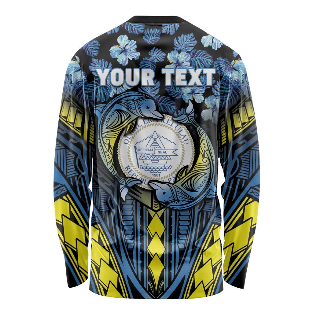 Personalised Palau Long Sleeve Shirt Polynesian Dolphin Tropical Hibiscus Style