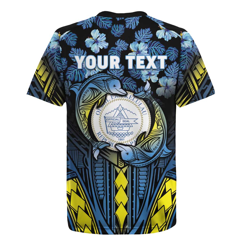 Personalised Palau Rugby Jersey Polynesian Dolphin Tropical Hibiscus Style