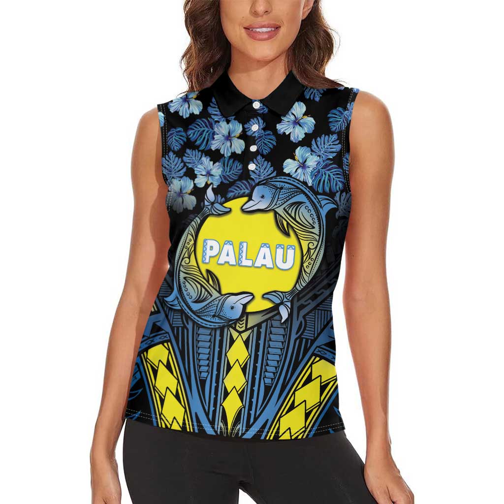 Personalised Palau Women Sleeveless Polo Shirt Polynesian Dolphin Tropical Hibiscus Style