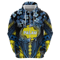 Personalised Palau Zip Hoodie Polynesian Dolphin Tropical Hibiscus Style