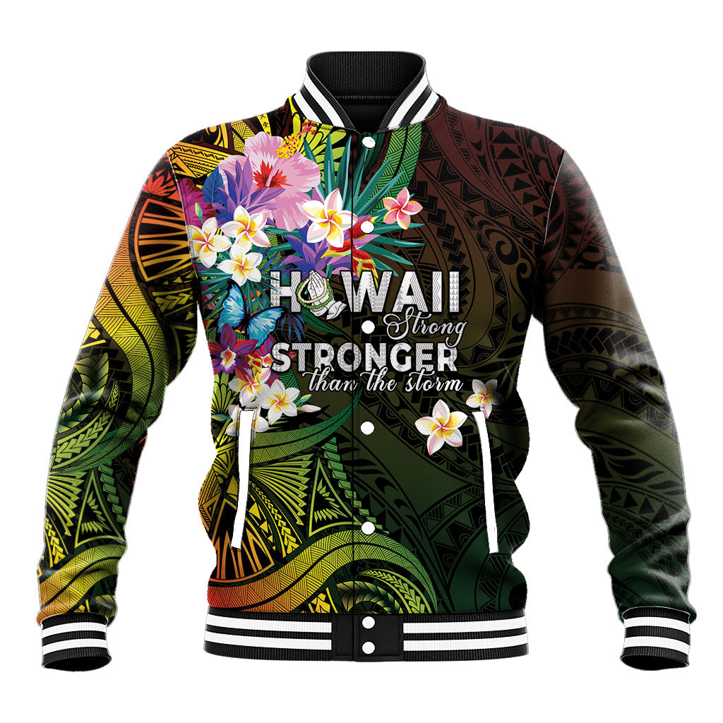Hawaii Strong Baseball Jacket Polynesian Tribal Tropical Flowers