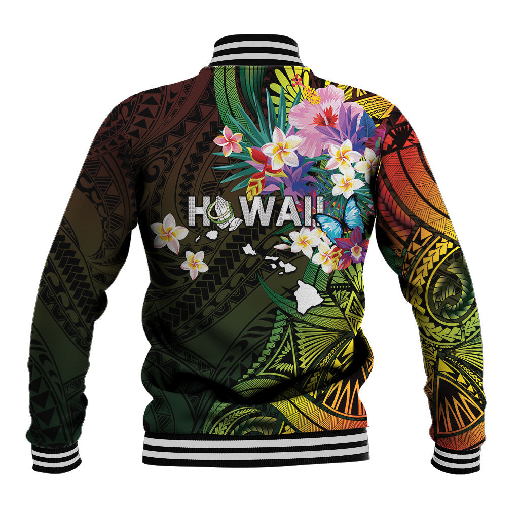 Hawaii Strong Baseball Jacket Polynesian Tribal Tropical Flowers