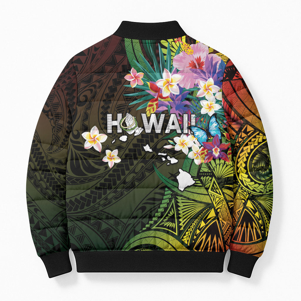 Hawaii Strong Bomber Puffer Jacket Polynesian Tribal Tropical Flowers