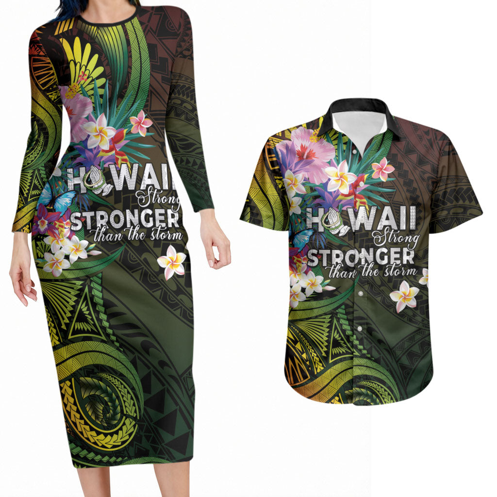 Hawaii Strong Couples Matching Long Sleeve Bodycon Dress and Hawaiian Shirt Polynesian Tribal Tropical Flowers
