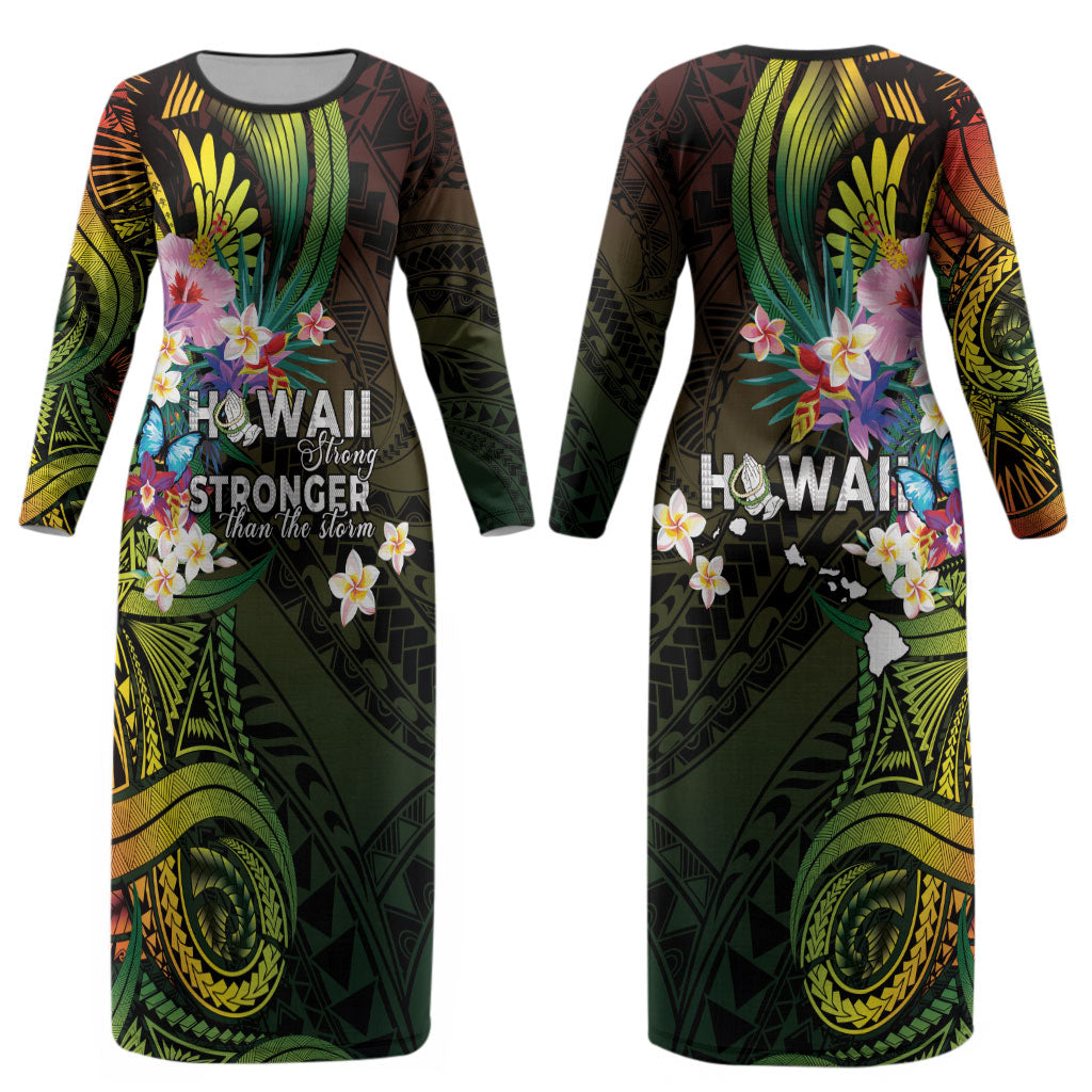 Hawaii Strong Couples Matching Long Sleeve Bodycon Dress and Hawaiian Shirt Polynesian Tribal Tropical Flowers