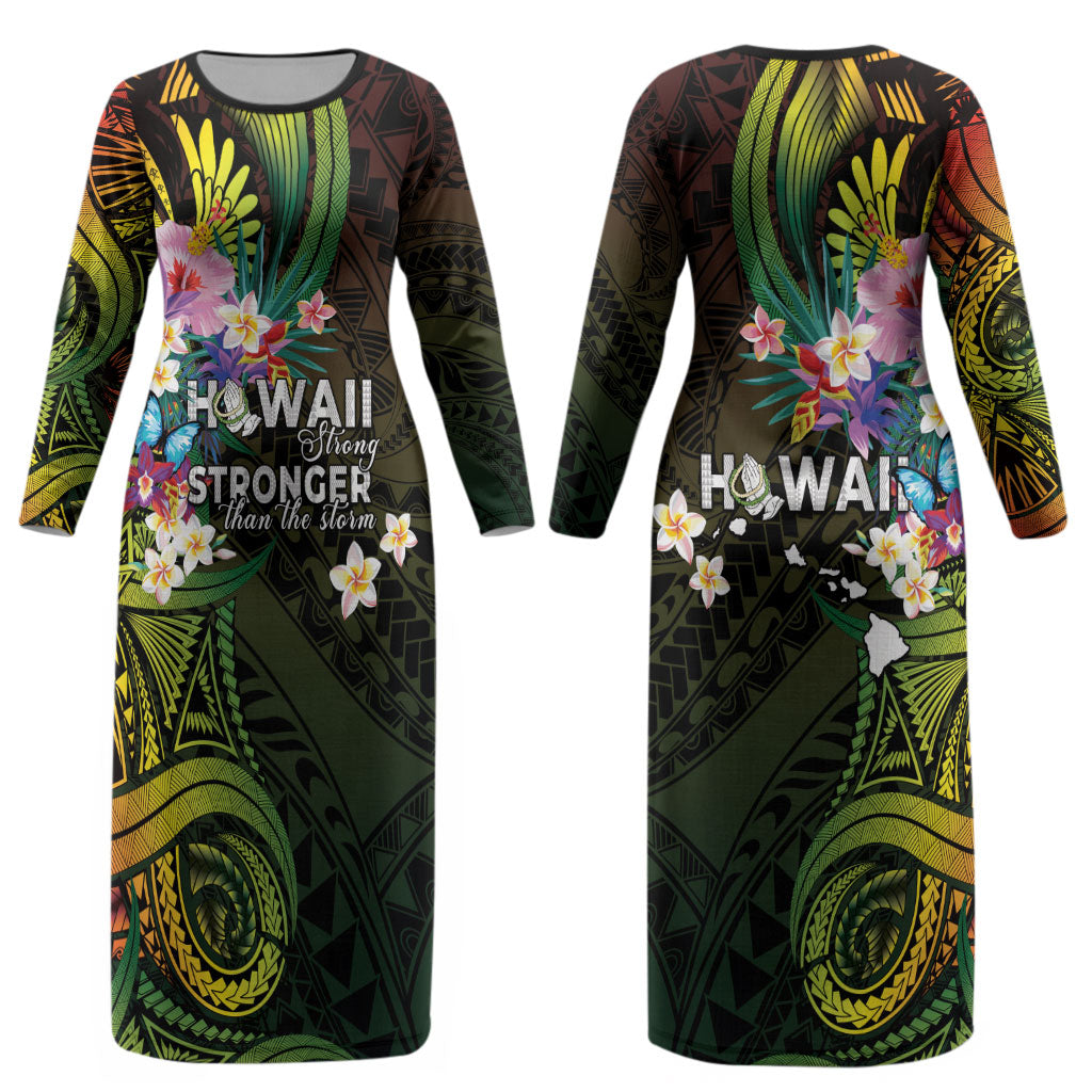 Hawaii Strong Couples Matching Long Sleeve Bodycon Dress and Long Sleeve Button Shirt Polynesian Tribal Tropical Flowers