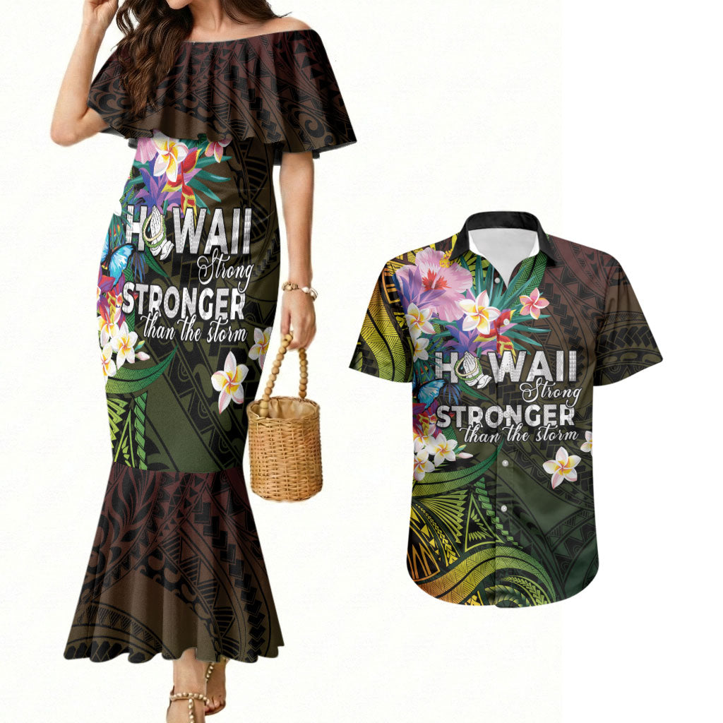 Hawaii Strong Couples Matching Mermaid Dress and Hawaiian Shirt Polynesian Tribal Tropical Flowers