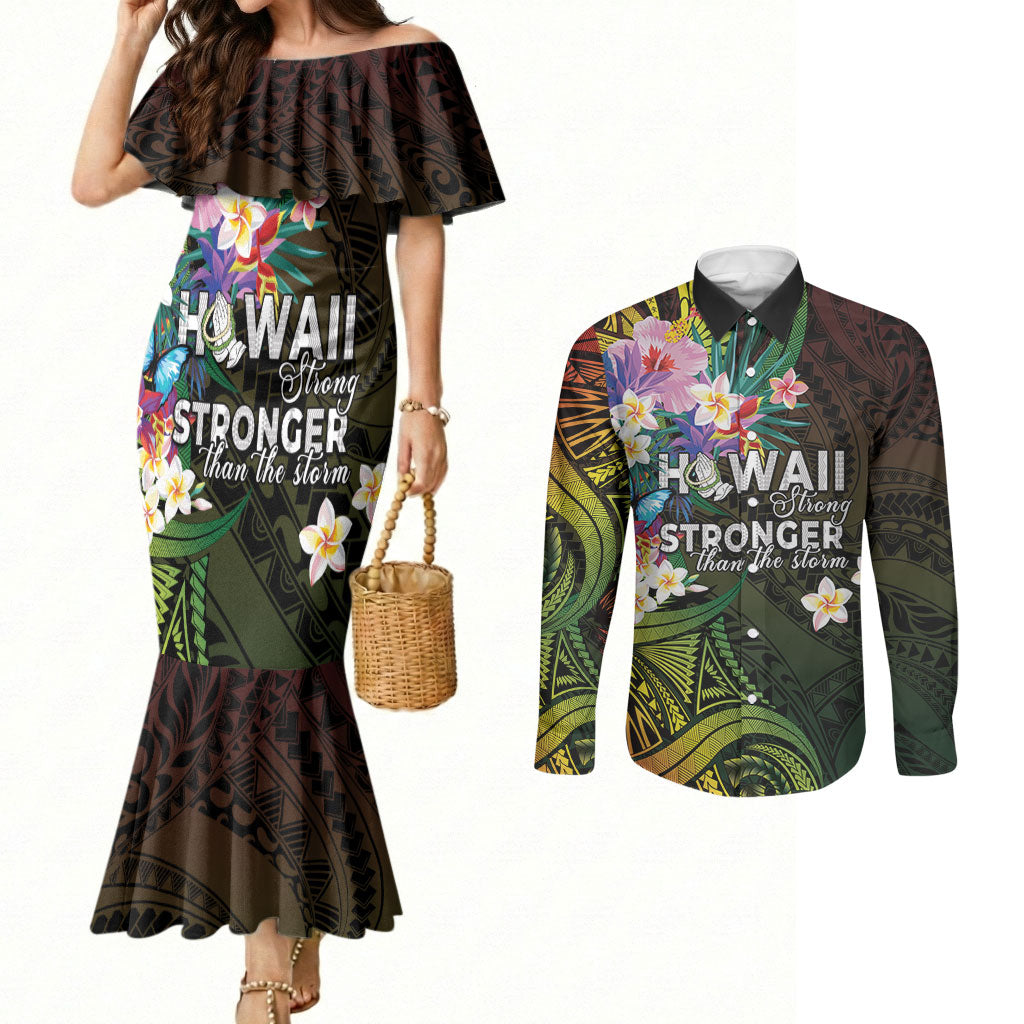 Hawaii Strong Couples Matching Mermaid Dress and Long Sleeve Button Shirt Polynesian Tribal Tropical Flowers