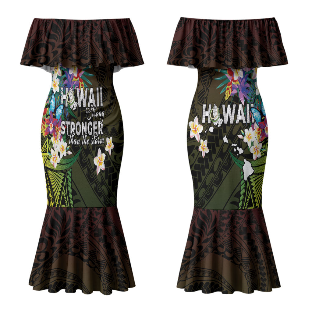 Hawaii Strong Couples Matching Mermaid Dress and Long Sleeve Button Shirt Polynesian Tribal Tropical Flowers