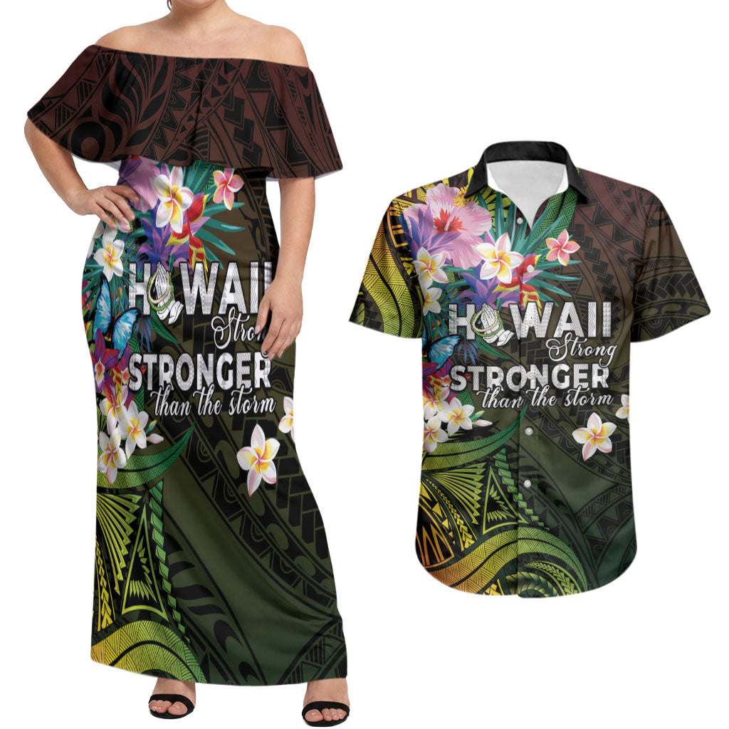 Hawaii Strong Couples Matching Off Shoulder Maxi Dress and Hawaiian Shirt Polynesian Tribal Tropical Flowers