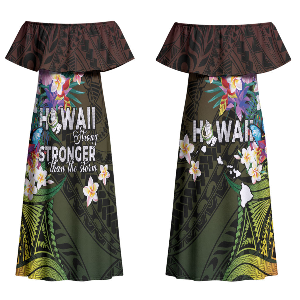Hawaii Strong Couples Matching Off Shoulder Maxi Dress and Hawaiian Shirt Polynesian Tribal Tropical Flowers