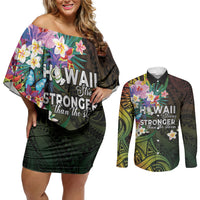 Hawaii Strong Couples Matching Off Shoulder Short Dress and Long Sleeve Button Shirt Polynesian Tribal Tropical Flowers