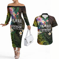 Hawaii Strong Couples Matching Off The Shoulder Long Sleeve Dress and Hawaiian Shirt Polynesian Tribal Tropical Flowers