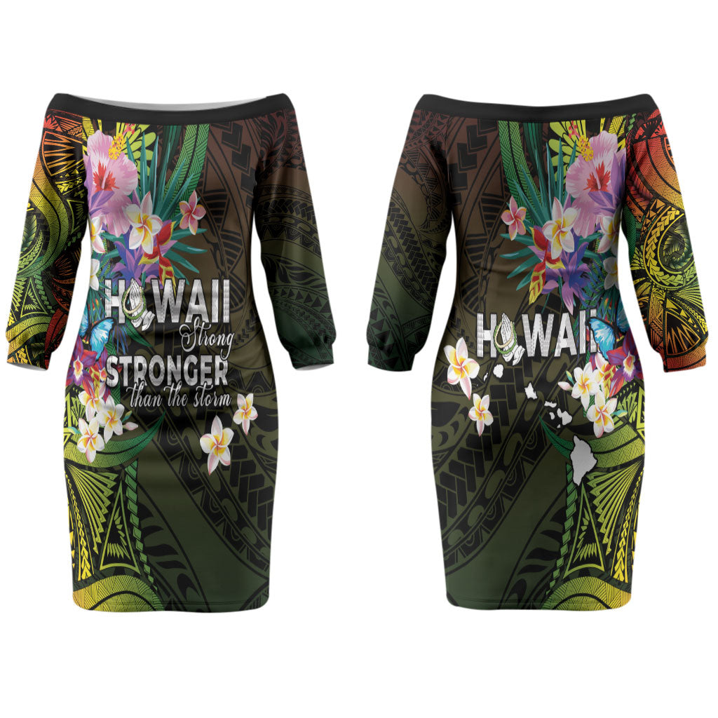 Hawaii Strong Couples Matching Off The Shoulder Long Sleeve Dress and Hawaiian Shirt Polynesian Tribal Tropical Flowers
