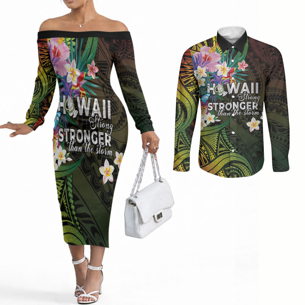 Hawaii Strong Couples Matching Off The Shoulder Long Sleeve Dress and Long Sleeve Button Shirt Polynesian Tribal Tropical Flowers