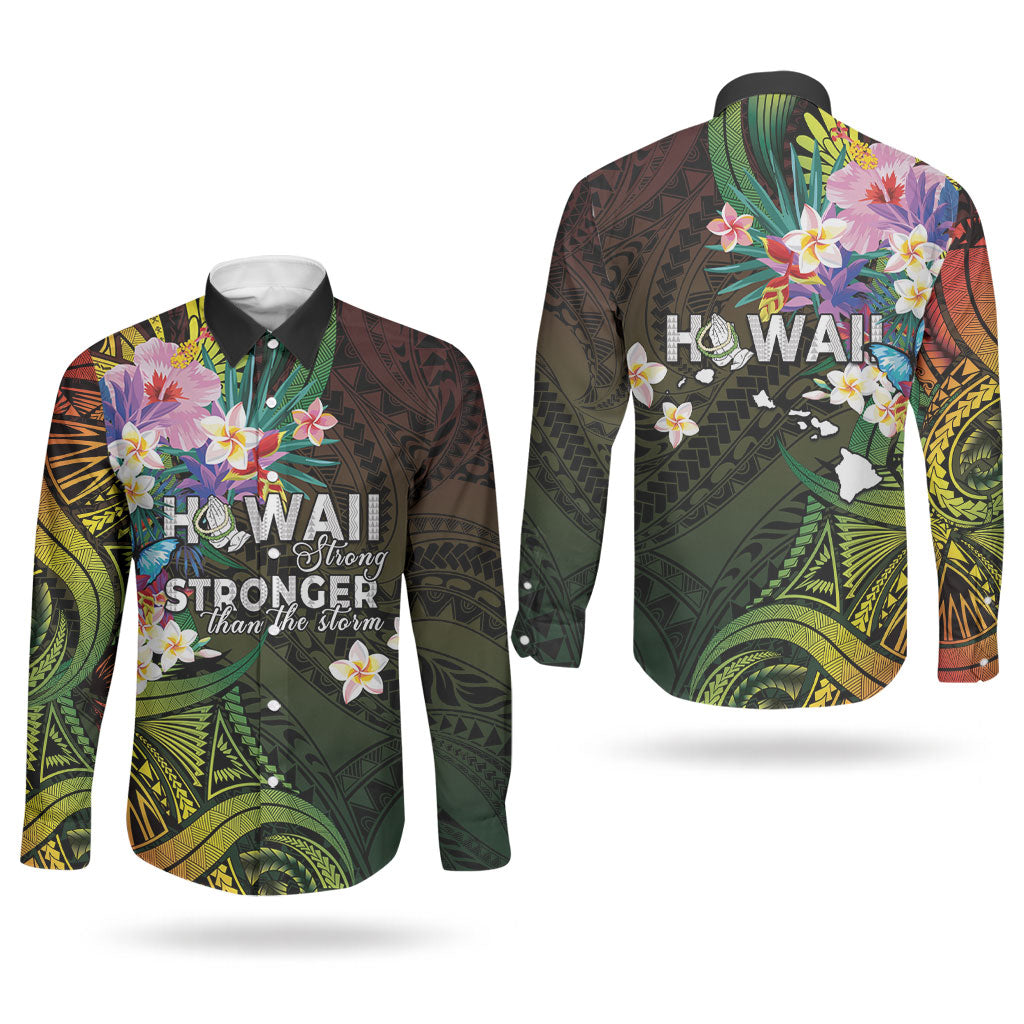 Hawaii Strong Couples Matching Off The Shoulder Long Sleeve Dress and Long Sleeve Button Shirt Polynesian Tribal Tropical Flowers