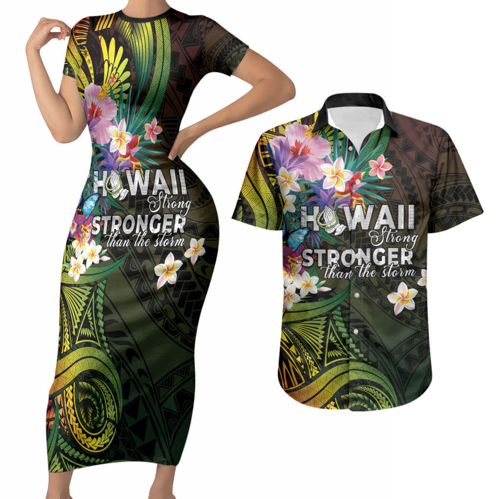Hawaii Strong Couples Matching Short Sleeve Bodycon Dress and Hawaiian Shirt Polynesian Tribal Tropical Flowers