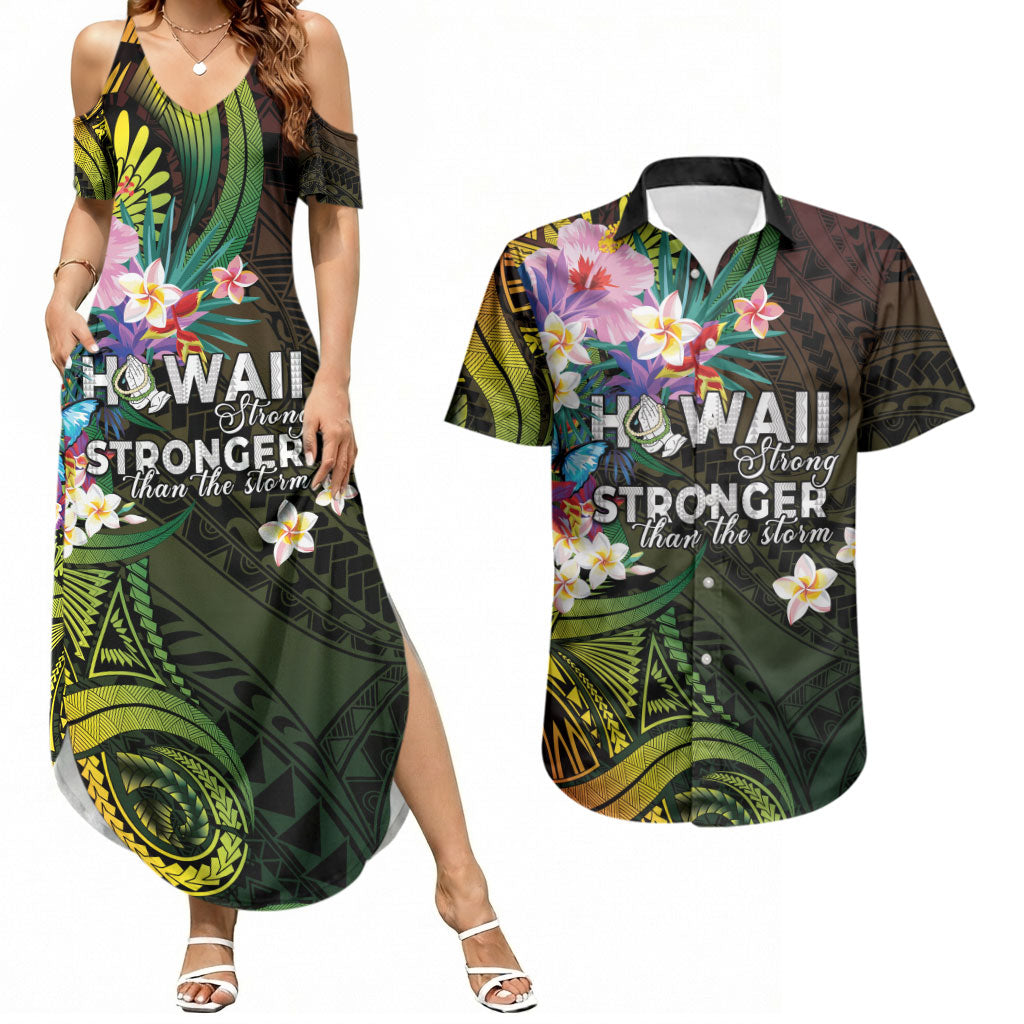 Hawaii Strong Couples Matching Summer Maxi Dress and Hawaiian Shirt Polynesian Tribal Tropical Flowers