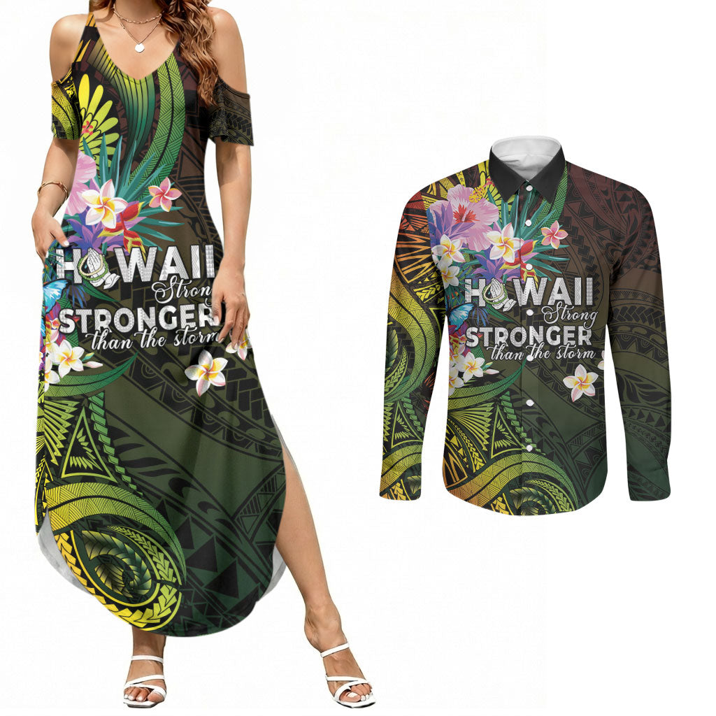 Hawaii Strong Couples Matching Summer Maxi Dress and Long Sleeve Button Shirt Polynesian Tribal Tropical Flowers
