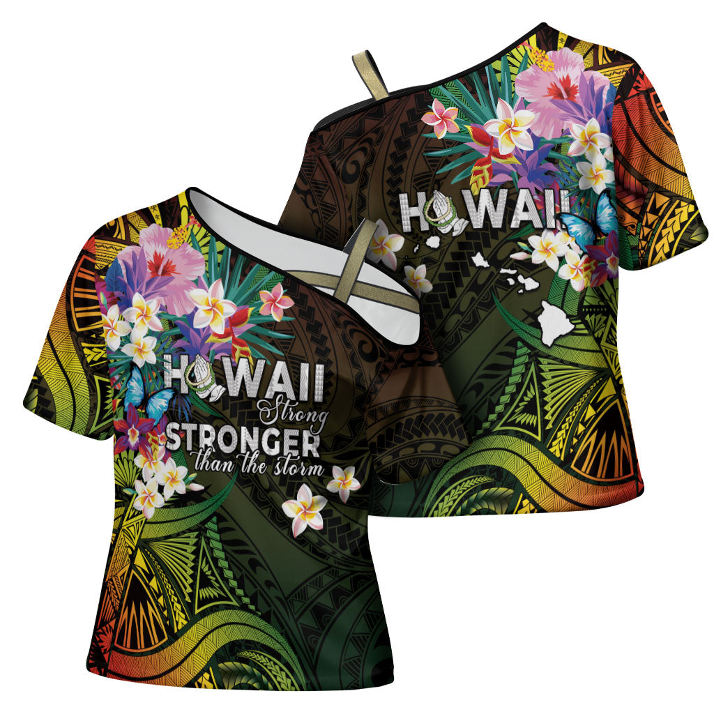Hawaii Strong Cross Shoulder Shirt Polynesian Tribal Tropical Flowers