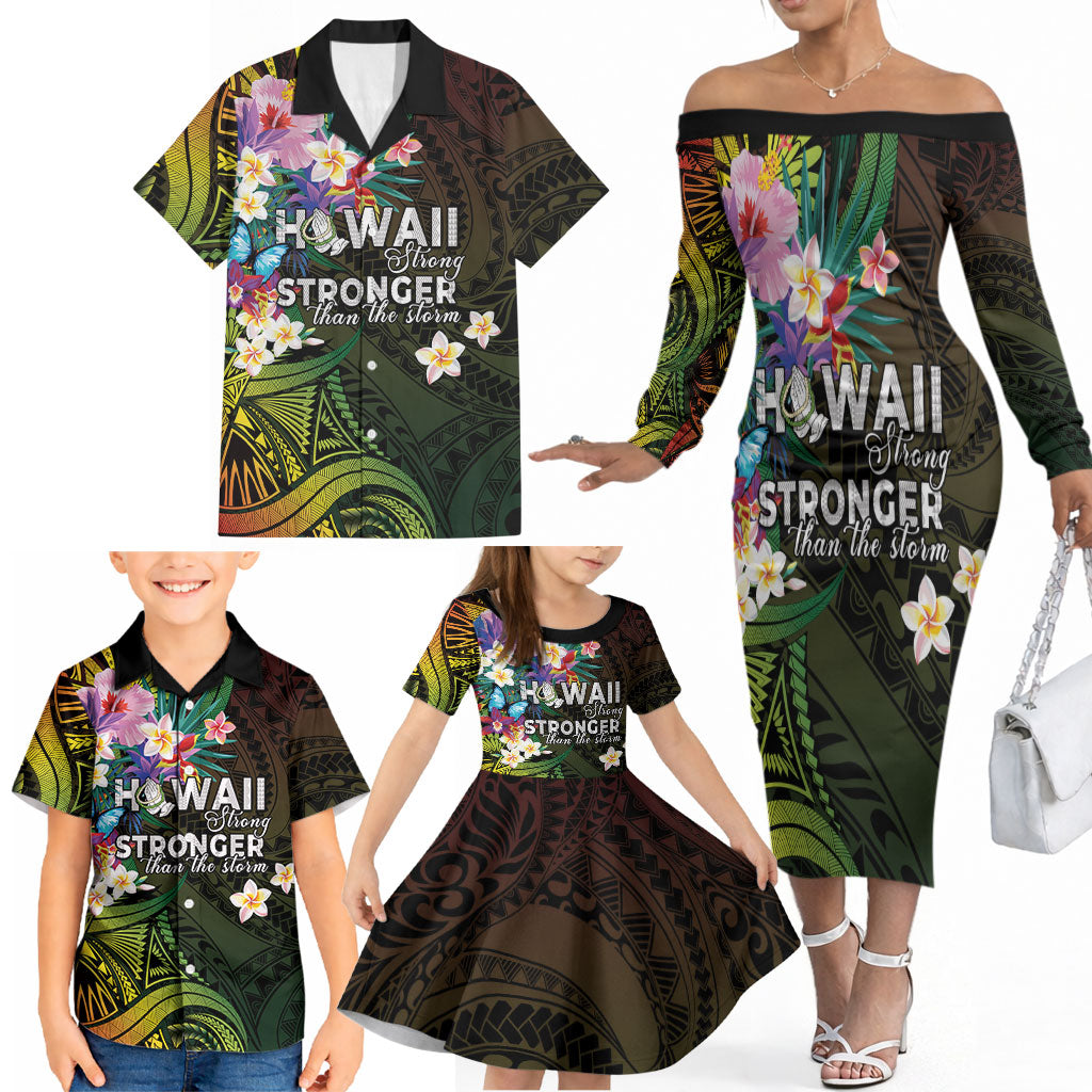 Hawaii Strong Family Matching Off The Shoulder Long Sleeve Dress and Hawaiian Shirt Polynesian Tribal Tropical Flowers