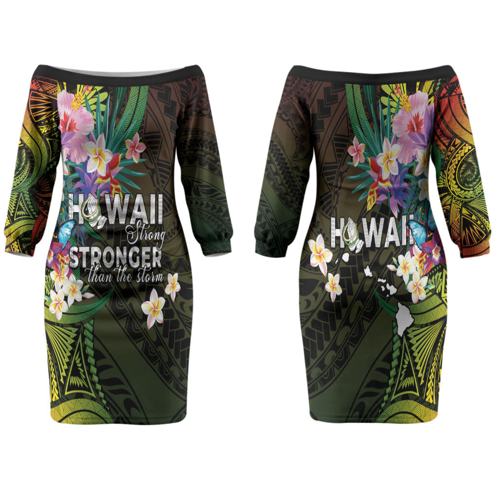 Hawaii Strong Family Matching Off The Shoulder Long Sleeve Dress and Hawaiian Shirt Polynesian Tribal Tropical Flowers