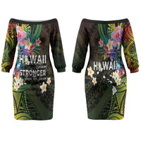 Hawaii Strong Family Matching Off The Shoulder Long Sleeve Dress and Hawaiian Shirt Polynesian Tribal Tropical Flowers