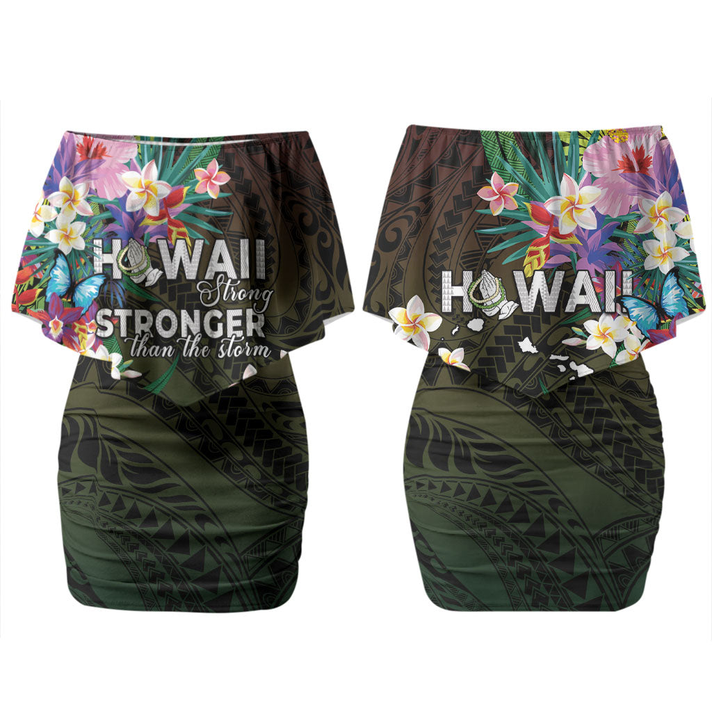 Hawaii Strong Family Matching Off Shoulder Short Dress and Hawaiian Shirt Polynesian Tribal Tropical Flowers