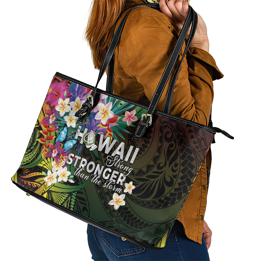 Hawaii Strong Leather Tote Bag Polynesian Tribal Tropical Flowers