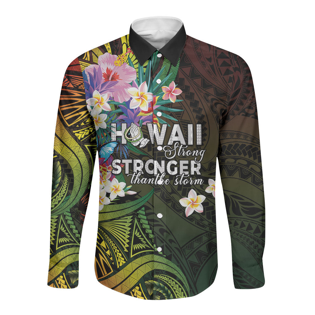 Hawaii Strong Long Sleeve Button Shirt Polynesian Tribal Tropical Flowers