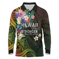 Hawaii Strong Long Sleeve Polo Shirt Polynesian Tribal Tropical Flowers