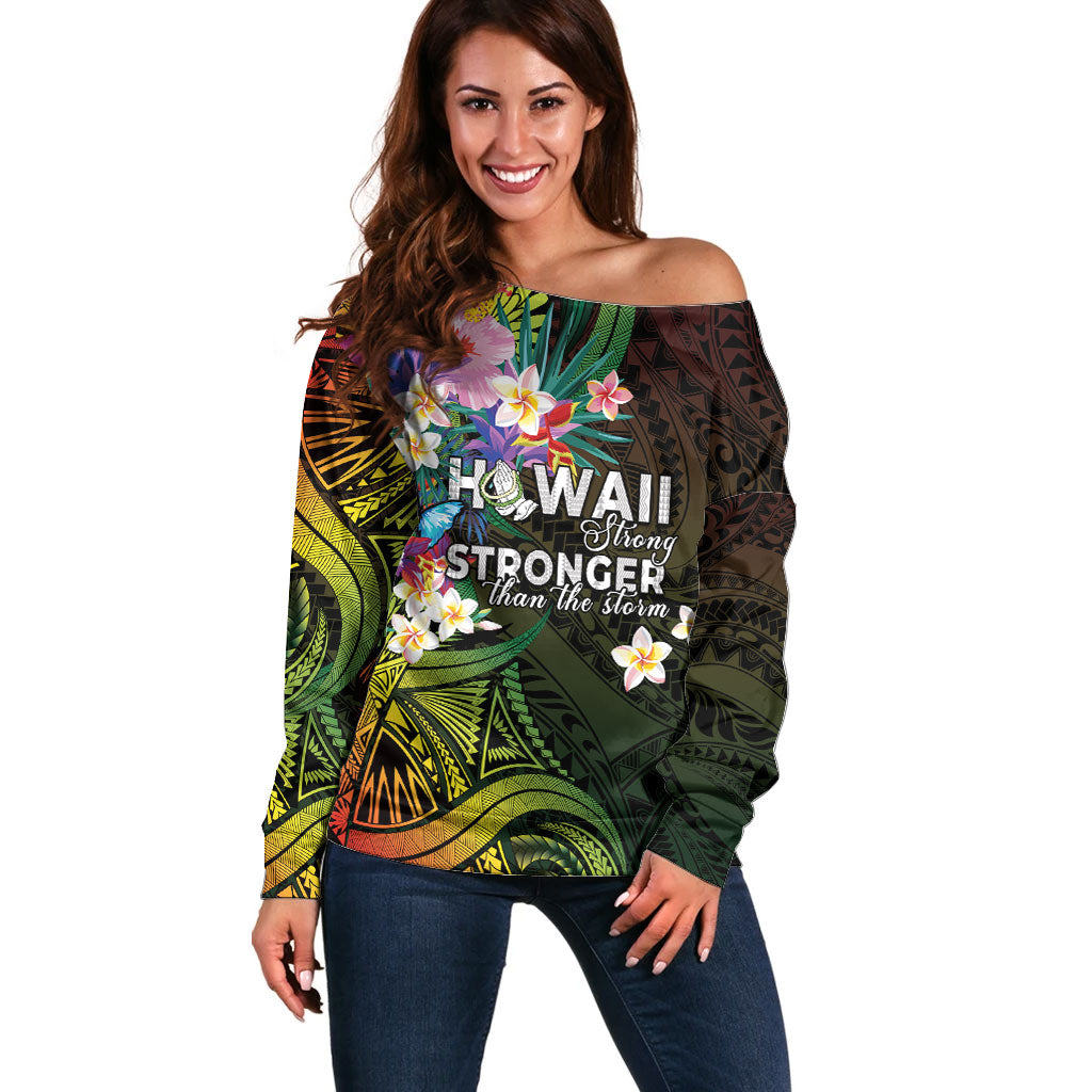 Hawaii Strong Off Shoulder Sweater Polynesian Tribal Tropical Flowers
