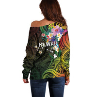 Hawaii Strong Off Shoulder Sweater Polynesian Tribal Tropical Flowers
