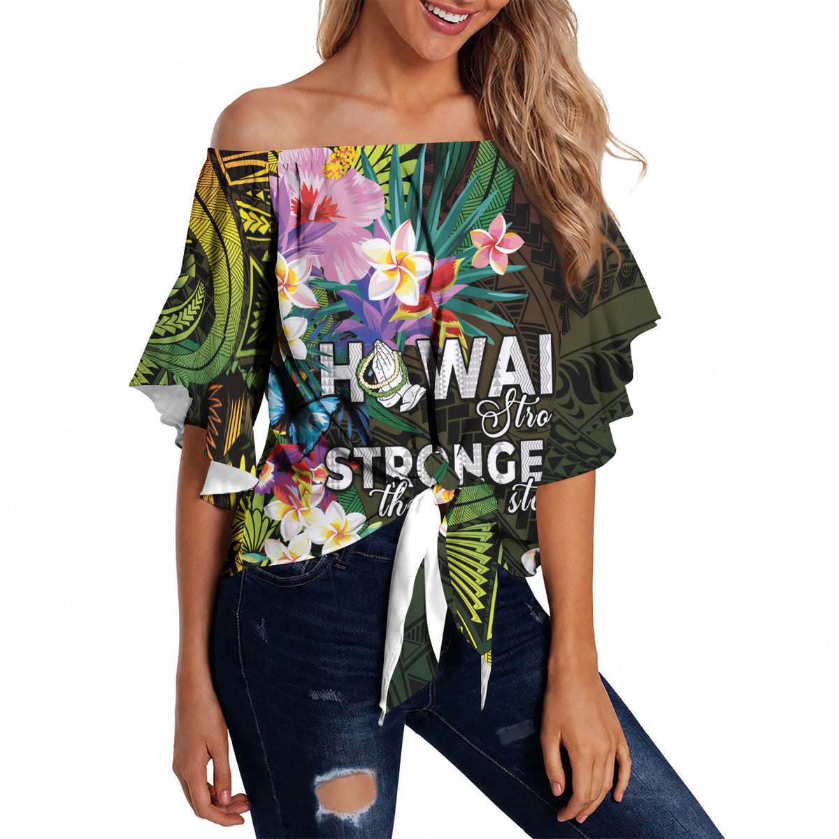 Hawaii Strong Off Shoulder Wrap Waist Top Polynesian Tribal Tropical Flowers