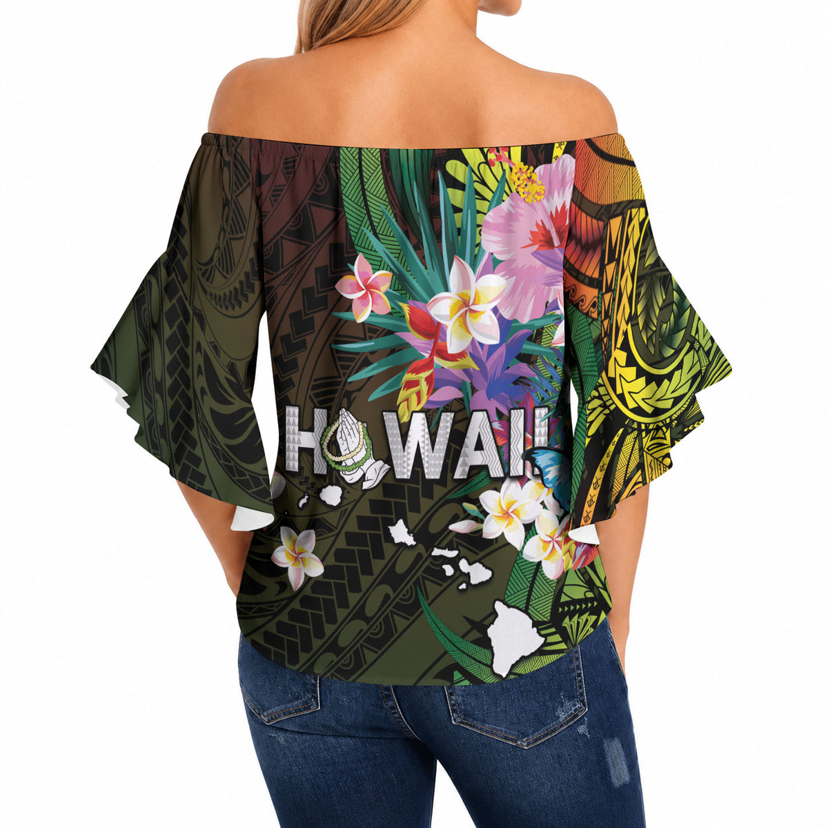 Hawaii Strong Off Shoulder Wrap Waist Top Polynesian Tribal Tropical Flowers