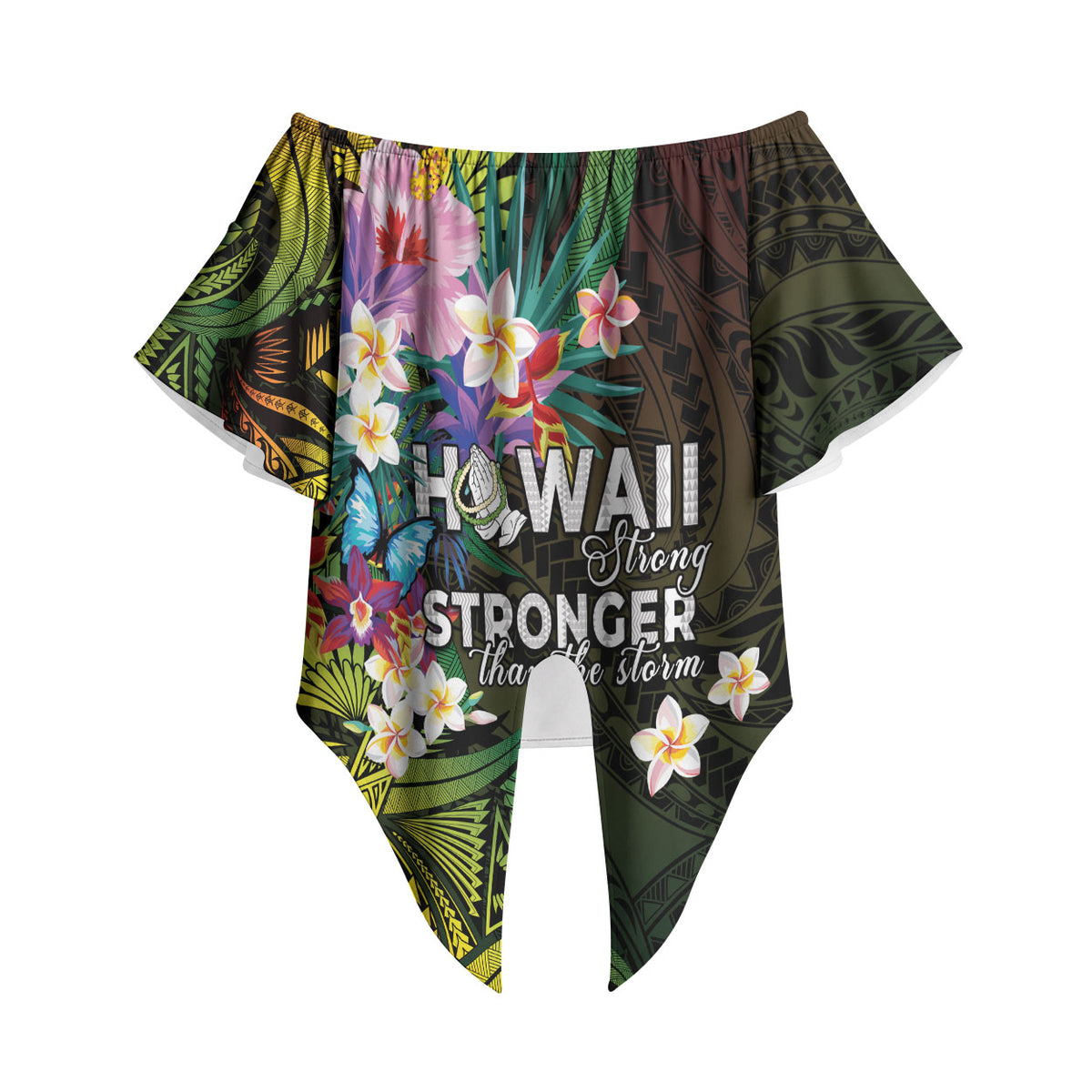 Hawaii Strong Off Shoulder Wrap Waist Top Polynesian Tribal Tropical Flowers