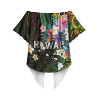 Hawaii Strong Off Shoulder Wrap Waist Top Polynesian Tribal Tropical Flowers