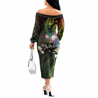 Hawaii Strong Off The Shoulder Long Sleeve Dress Polynesian Tribal Tropical Flowers